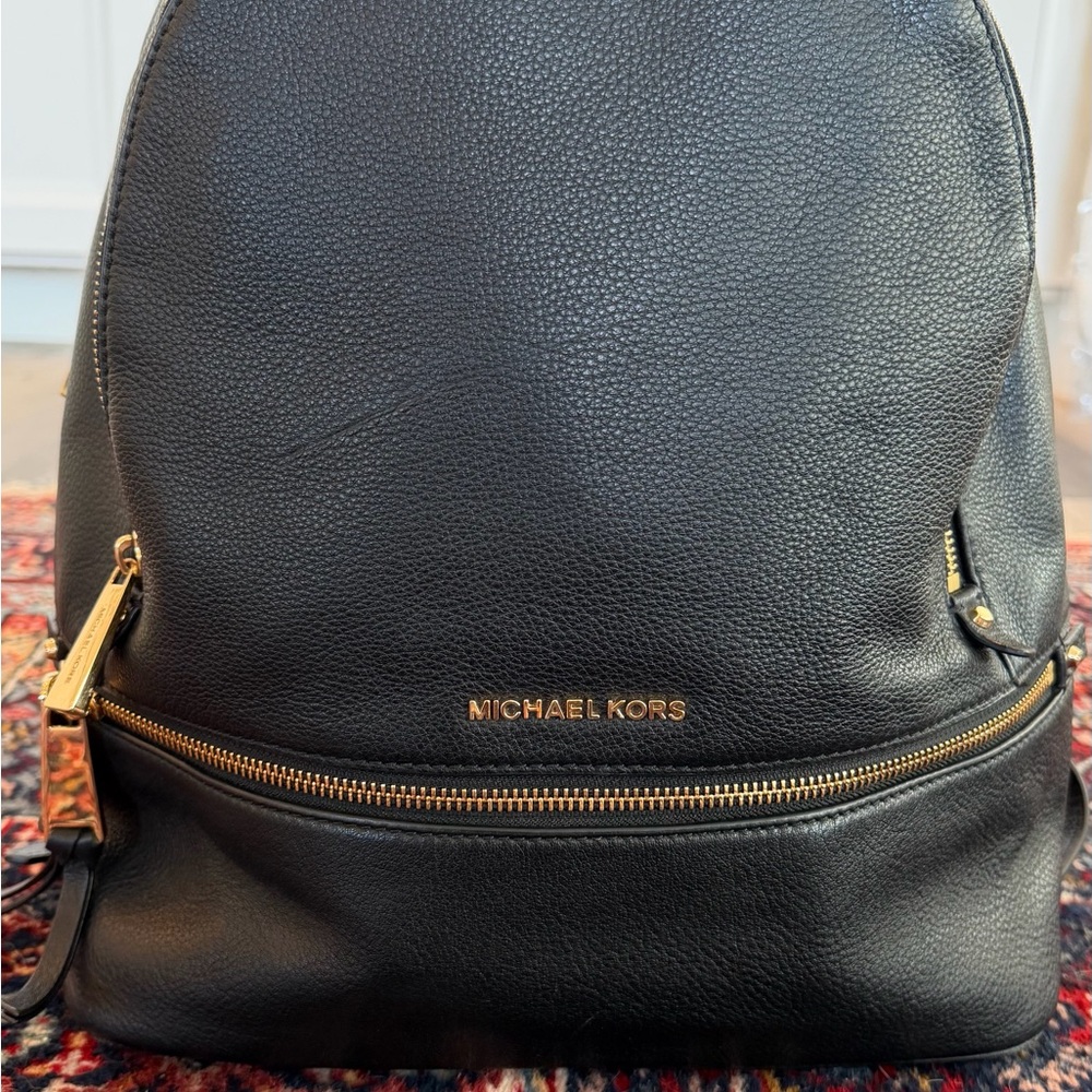 Michael Kors Black Leather Backpack with Gold-Tone Accents - Picture 2 of 7